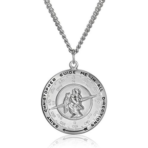Mens Sterling Silver Saint Christopher Pendant Necklace with Stainless Steel Chain, 24''