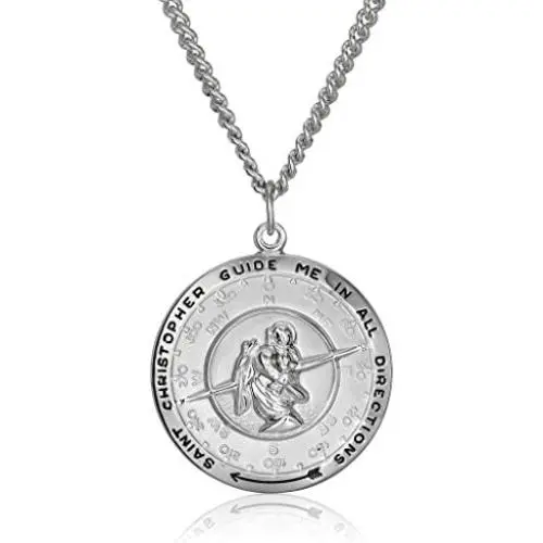 Mens Sterling Silver Saint Christopher Pendant Necklace with Stainless Steel Chain, 24'' Mens Sterling Silver Saint Christopher Pendant Necklace with Stainless Steel Chain, 24''