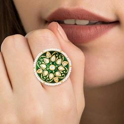 Aheli Indian Traditional Stone Studded Enamel Finger Ring Adjustable Wedding Party Fashion Jewelry for Women Teen Girls