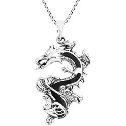 Legendary Chinese Dragon Simulated Black Onyx Inlay .925 Sterling Silver Pendant Necklace