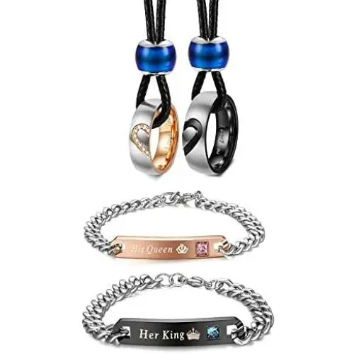 YADOCA 4Pcs Couple Necklace Bracelets Matching Set for Women Men Stainless Steel Couples Rope Pendant Heart I Love You CZ Promise Rings Necklace His Hers Bracelet Lovers Valentine Gift YADOCA 4Pcs Couple Necklace Bracelets Matching Set for Women Men Stainless Steel Couples Rope Pendant Heart I Love You CZ Promise Rings Necklace His Hers Bracelet Lovers Valentine Gift