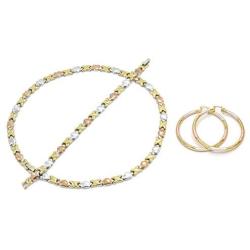 Bling Bling NY Womens Tri Color Hugs & Kisses Necklace Bracelet Large Sized Round Hoop Earring Set Stampato Stainless Steel Anti-Tarnish