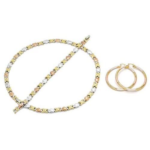 Bling Bling NY Womens Tri Color Hugs & Kisses Necklace Bracelet Large Sized Round Hoop Earring Set Stampato Stainless Steel Anti-Tarnish