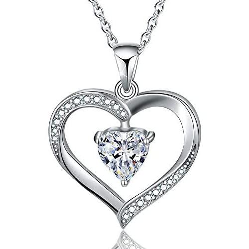 ✦Gifts for Mothers Day✦ Forever Love Heart Necklace Jewelry 18K White Gold/ Rose Gold Plated 925 Sterling Silver Birthstone Pendant Necklace with 5A Cubic Zirconia Birthday Gifts for Women and Girls