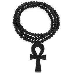 GWOOD ANKH Pendant Wood with 36 Inch Long Bead Necklace