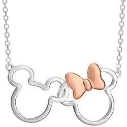 Disney Mickey and Minnie Mouse Jewelry for Women, Silver Plated Interlocking Mickey and Minnie Mouse Pendant Necklace;