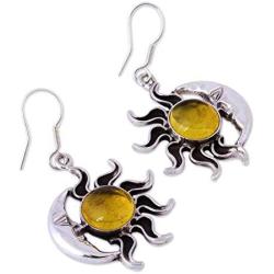 NOVICA Natural Amber .925 Sterling Silver Sun and Moon Dangle Earrings, Resplendent Sunset