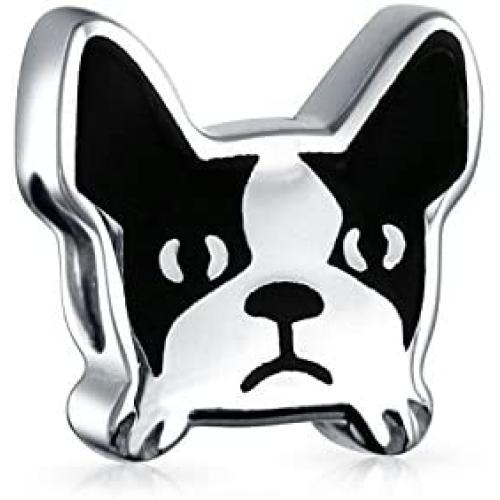 Pet Frenchie French Bulldog Dog Charm Bead For Women Teen Black White Enamel .925 Sterling Silver Fits European Charm Bracelet