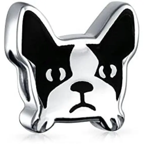 Pet Frenchie French Bulldog Dog Charm Bead For Women Teen Black White Enamel .925 Sterling Silver Fits European Charm Bracelet