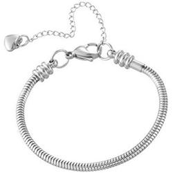Chili Jewelry Women Girls Moments Snake Chain Charms Bracelet 3mm Stainless Steel Chain Bracelet fits Charm Beads, 5-12 Inch