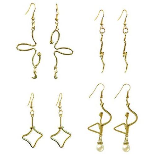 DAMLENG 4 Pairs Simple Asymmetry Geometric Fun Abstract Art Body Earrings Sets with Moon Pearl Pendant for Women Girls Hollow Wire Flower Statement Jewelry