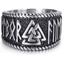 Elfasio Mens Stainless Steel Ring Viking Valknut Scandinavn Odin Symbol Norse Text Vintage Jewelry