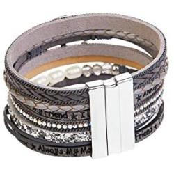JAOYU Leather Bracelet for Women Cuff Bracelets Crystal Bangle Handmade Wristband Braided Jewelry Bohemian Gift for Teen Girls