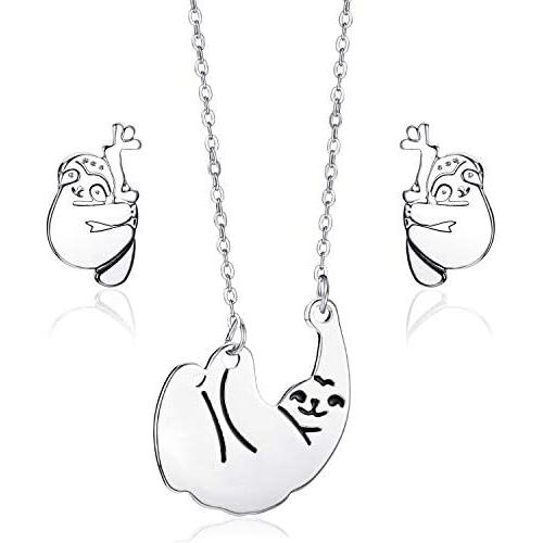 Silver Sloth Jewelry Set Including Sloth Necklace and Sloth Stud Earrings Cute Animal Pendant Jewelry Gift for Women Girl