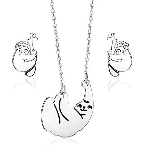 Silver Sloth Jewelry Set Including Sloth Necklace and Sloth Stud Earrings Cute Animal Pendant Jewelry Gift for Women Girl