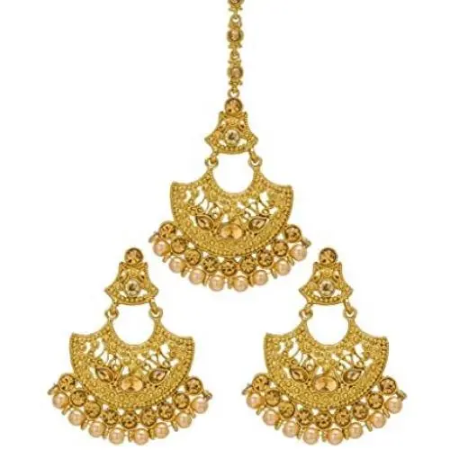 Bindhani Womens Indian Style Bollywood Jewellery Maang Tika Headpiece Bridal Hair Accessories Bridesmaid Wedding Traditional Bahubali Gold Plated Chandbali Kundan Earrings Mang Tikka Jewelry