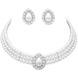 Rosemarie & Jubalee Womens Simulated Large Teardrop Pearl 3 Piece Choker Necklace Cuff Bracelet Clip On Earrings Bridal Jewelry Set