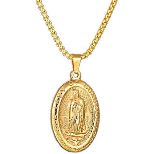 Stainless Steel Pendant Necklace for Men Women Virgin Mary Necklace Religious Jewelry Rolo Chain (A:Gold Tone)