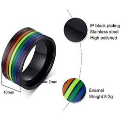 yfstyle Rainbow LGBT Pride Ring for Gay Lesbian 10mm LGBTQ Engagement Rings for Men Stainless Steel Enamel Pride Bands Black Silver Size 7-12 Jewelry Gifts