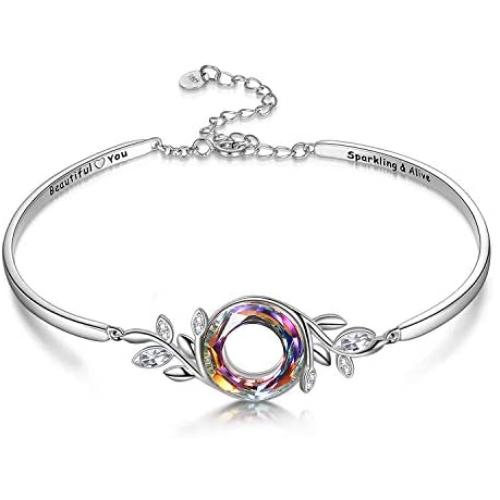 AOBOCO Sterling Silver Bangle Bracelet for Women with Swarovski Crystal - Beautiful You - Inspirational Leaf Floral Christmas Jewelry Gift for Her