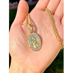 Shop-iGold Virgin Mary Men Women 925 Italy Gold Finish Iced Silver Charm Ice Out Pendant Stainless Steel Real 3 mm Rope Chain, Mans Jewelry, Iced Pendant, Rope Necklace 16''- 24''