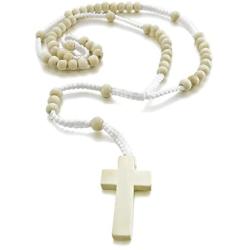 INBLUE Men,Womens Wood Pendant Necklace Cross Bead 24 Inch Rosary Chain