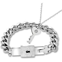 Uloveido Titanium Steel Key Pendant Necklace and Square Lock Bangle Bracelet Set for Couples Valetines Gifts