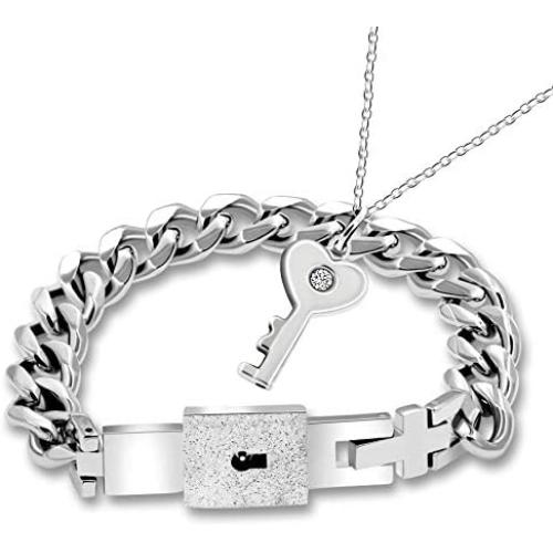 Uloveido Titanium Steel Key Pendant Necklace and Square Lock Bangle Bracelet Set for Couples Valetines Gifts