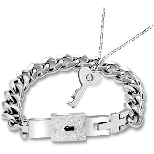 Uloveido Titanium Steel Key Pendant Necklace and Square Lock Bangle Bracelet Set for Couples Valetines Gifts