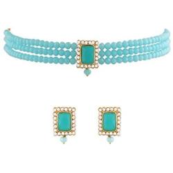 I Jewels 18K Gold Plated Indian Wedding Handcrafted Beaded Emerald Choker with Earrings for Women/Girls