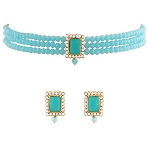 I Jewels 18K Gold Plated Indian Wedding Handcrafted Beaded Emerald Choker with Earrings for Women/Girls