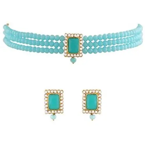 I Jewels 18K Gold Plated Indian Wedding Handcrafted Beaded Emerald Choker with Earrings for Women/Girls
