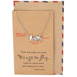 Quan Jewelry Mother and Baby Little Birds Necklace for Women, Animal Pendant Gifts for Moms, Mothers Day Family Jewelry with Inspirational Dalai Lama Quote on Greeting Card, Silver Tone