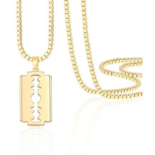 PEARLADA Razor Blade Pendant Necklace for Women and Men 18K Gold Chunky Box Chain Necklace Adjustable Hip Hop Punk Rock Dog Tag Necklace PEARLADA Razor Blade Pendant Necklace for Women and Men 18K Gold Chunky Box Chain Necklace Adjustable Hip Hop Punk Rock Dog Tag Necklace