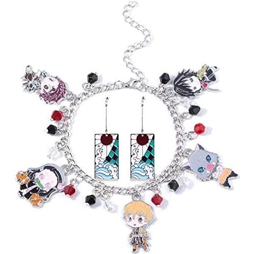 Demon Slayer Cosplay Bracelets With Earrings, Kimetsu No Yaiba Novelty Charm Bracelets Anime Manga Series Accessory