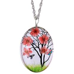 YAZILIND Handmade Eternal Dried Flower Tree of Life Butterfly Necklace Oval Glass Lockets Pendant Women Girls Birthday Jewelry Gift