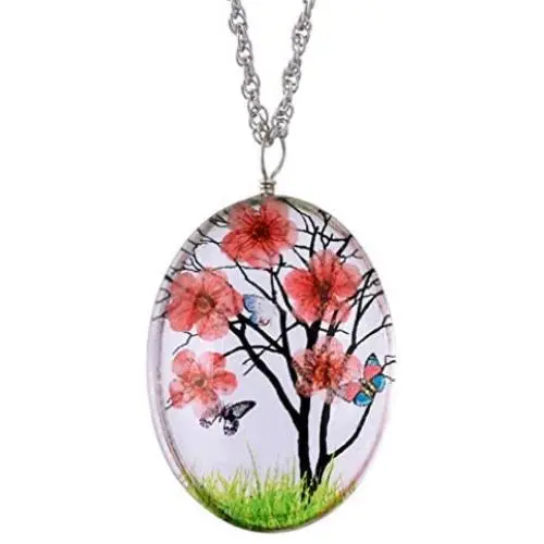 YAZILIND Handmade Eternal Dried Flower Tree of Life Butterfly Necklace Oval Glass Lockets Pendant Women Girls Birthday Jewelry Gift