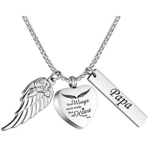 BGAFLOVE Heart Urn Necklace for Ashes with Wings Cremation Jewelry for Ashes -Your Wings were Ready But My Heart was Not