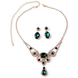 Gold Crystal Rhinestone and Emerald Green Stones with Dangle Emerald Green Teardrop Stone Necklace and Crystal Rhinestone Sunflower with Dangle Emerald Green Oval Stone Earrings Jewelry Set