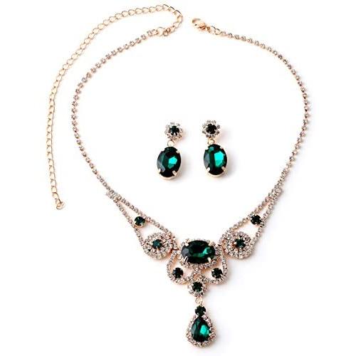 Gold Crystal Rhinestone and Emerald Green Stones with Dangle Emerald Green Teardrop Stone Necklace and Crystal Rhinestone Sunflower with Dangle Emerald Green Oval Stone Earrings Jewelry Set