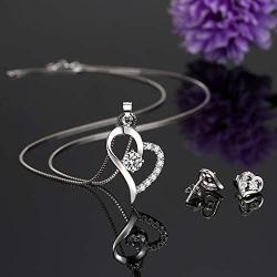 Women Love Heart Pendant Necklace Earrings Set, Sterling Silver Jewelry Set Gift For Her