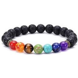 TASBERN Lava Rock Bracelet 7 Chakras Beaded Aromatherapy Essential Oil Diffuser Bracelet Natural Stone Yoga Beads Bracelet Adjustable