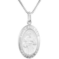 Sterling Silver St Francis Medal Necklace 7/8 inch Oval Italy 0.8mm Chain