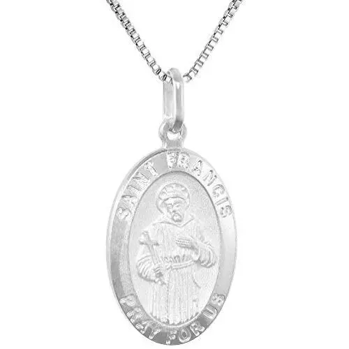 Sterling Silver St Francis Medal Necklace 7/8 inch Oval Italy 0.8mm Chain