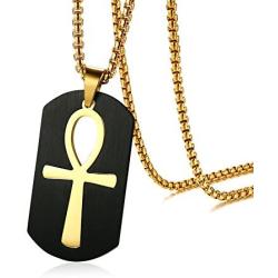 PJ Jewelry Mens Stainless Steel Ancient Egyptian Key of Life Ankh Cross Dog Tag Pendant Necklace,Removable
