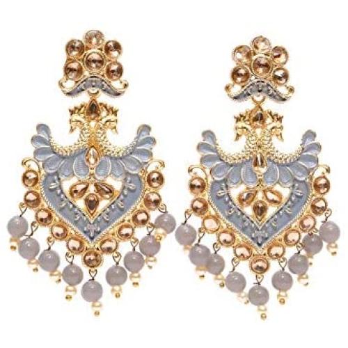 Crunchy Fashion Bollywood Jewellery Traditional Ethnic Bridal Bride Wedding Bridesmaid Pearls Drop Grey Meenakari/Hand Painted Chandbaali Indian Earrings Jewelry For Women