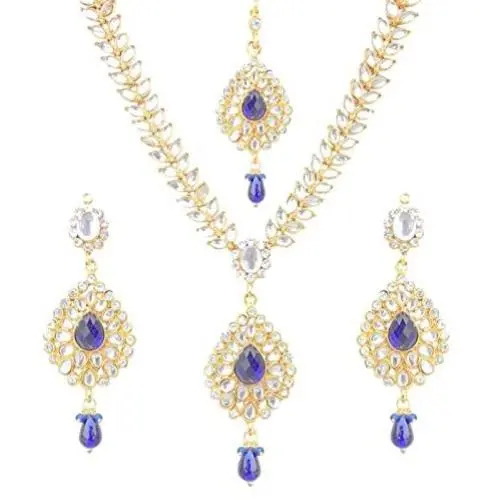 Dancing Girl Blue Indian Kundan Jewelry Set for Women Girls Bridal Necklace Indian Earrings