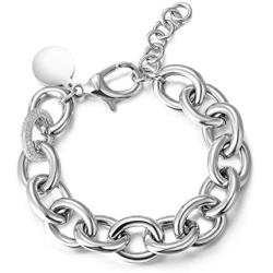 CIUNOFOR CZ Bracelet for Women Girls Wide Cuban Curb Link Bracelet Italian Style Oval Bracelet Silver Rose Gold Plated Adjustable Stainless Steel Chain with Round Disc Charm