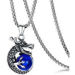 Heavstjer Punk Rock Stainless Steel Dragon Pendant Crystal Ball Necklace,24inches Link Chain