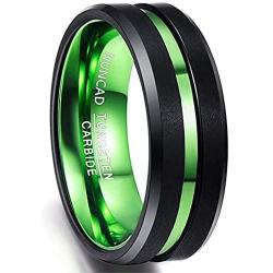 NUNCAD 8mm Black Tungsten Rings for Men Women Red/Green Groove Wedding Bands Beveled Edges Comfort Fit Size 6-16